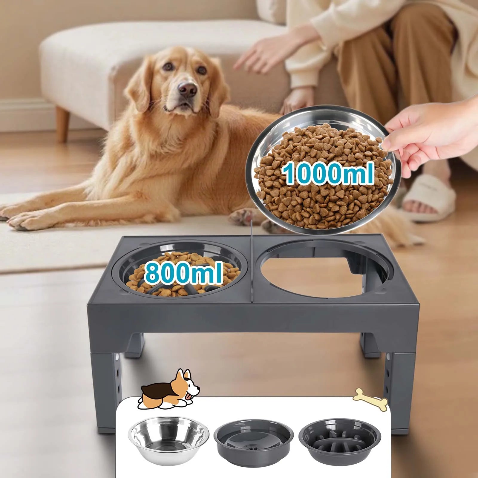 Bols surélevés réglables pour chiens, 5 hauteurs (8-31 cm), mangeoire surélevée pour chiens et chats de petite, moyenne et grande taille, réduit la fatigue du cou lors de la mangeoire en position accroupie, design pliab