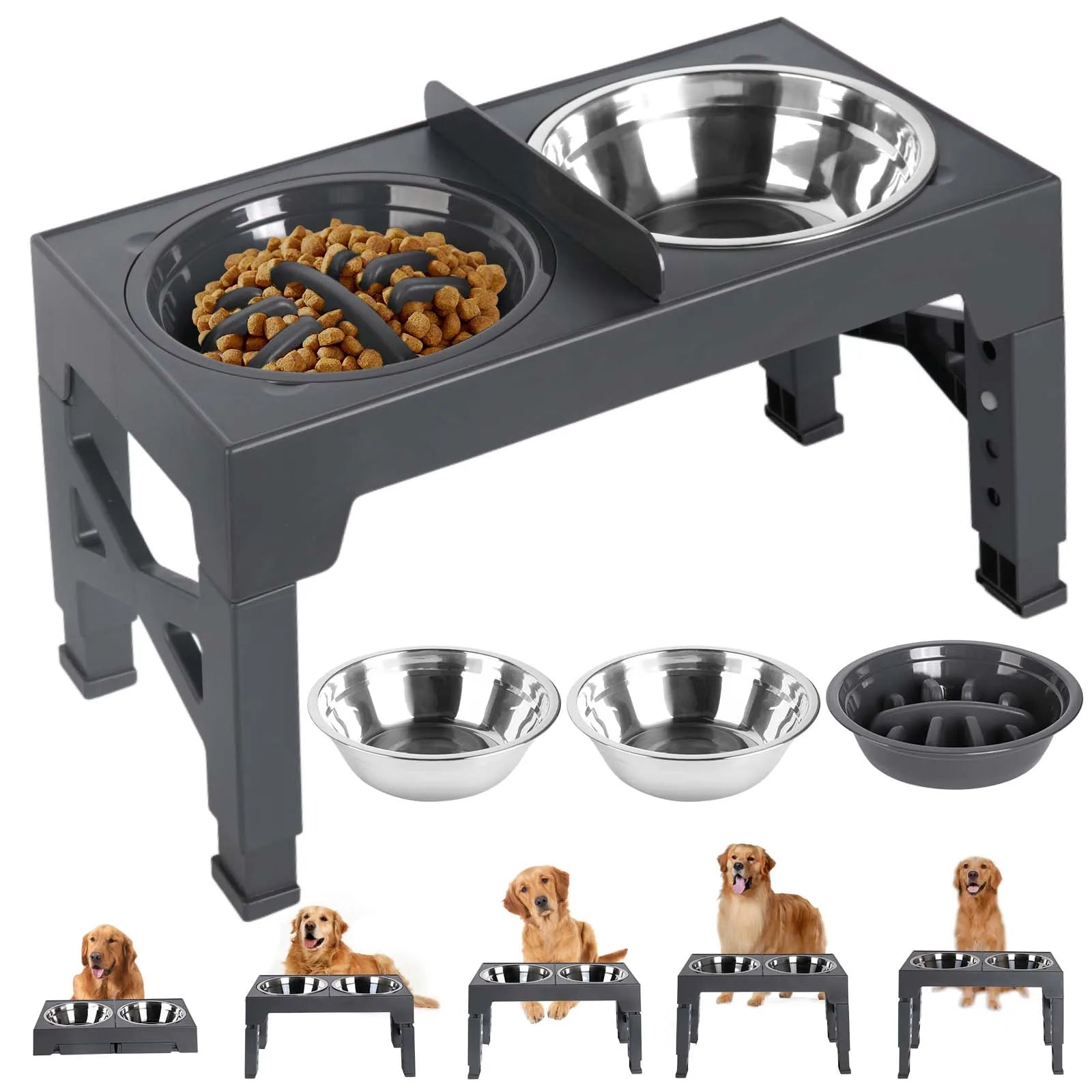 Bols surélevés réglables pour chiens, 5 hauteurs (8-31 cm), mangeoire surélevée pour chiens et chats de petite, moyenne et grande taille, réduit la fatigue du cou lors de la mangeoire en position accroupie, design pliab