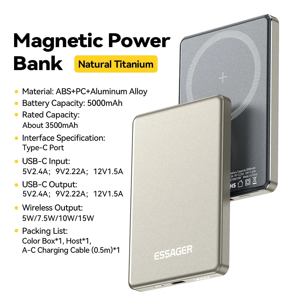 Essager-Batterie externe magnétique sans fil mince, 20W, 5000mAh, charge rapide, portable, Magsafe, iPhone 16, 15, 14, 13