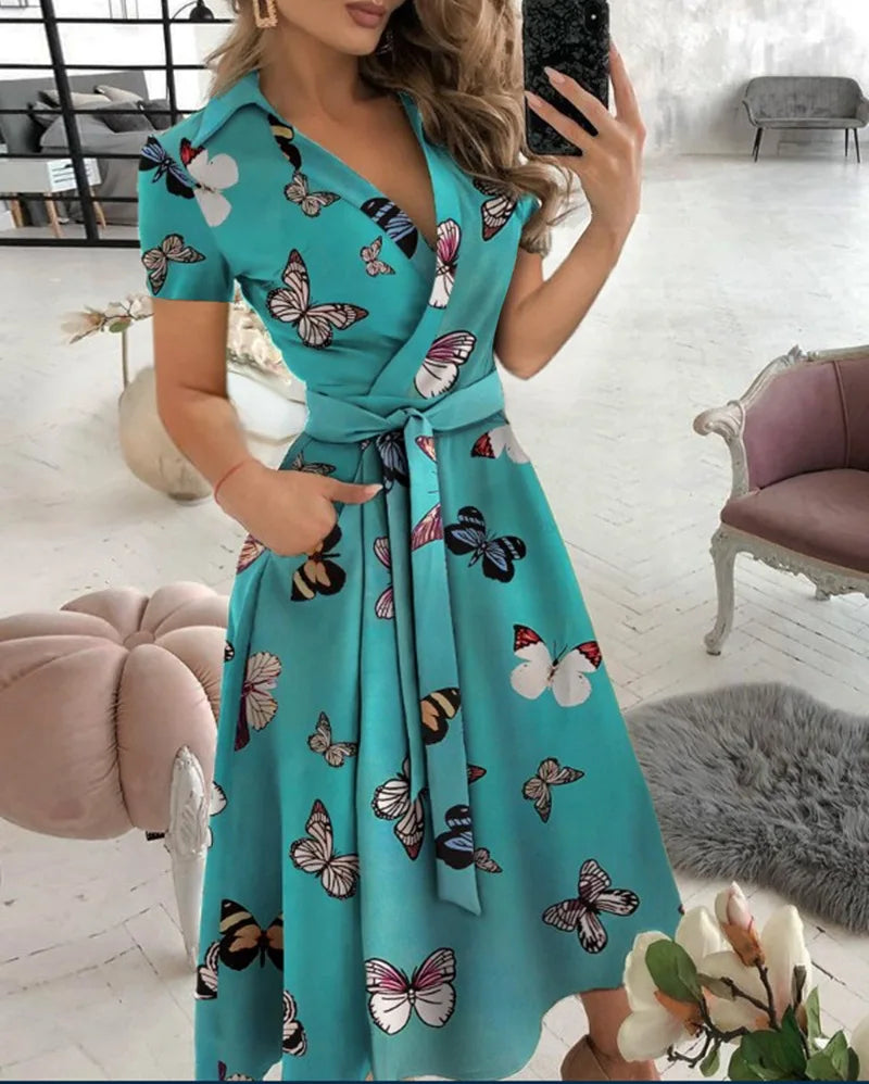 Robe d'été imprimée à rayures arc-en-ciel pour femmes, boutonnée, manches courtes, décontractée, Vintage, chemise longue, élégante, Maxi, 2023