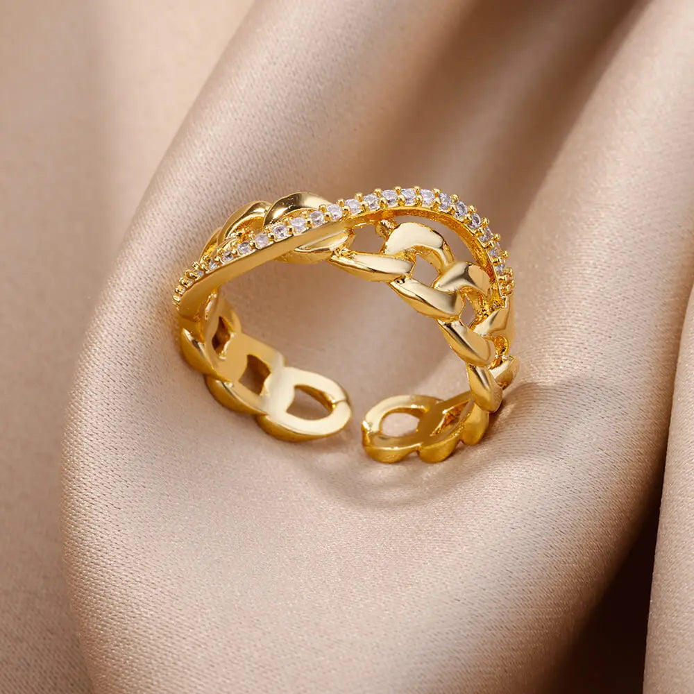 Bagues en cristal en acier inoxydable plaqué or pour femmes, chaîne géométrique en Zircon, bijoux cadeau, nouvelle tendance 2025