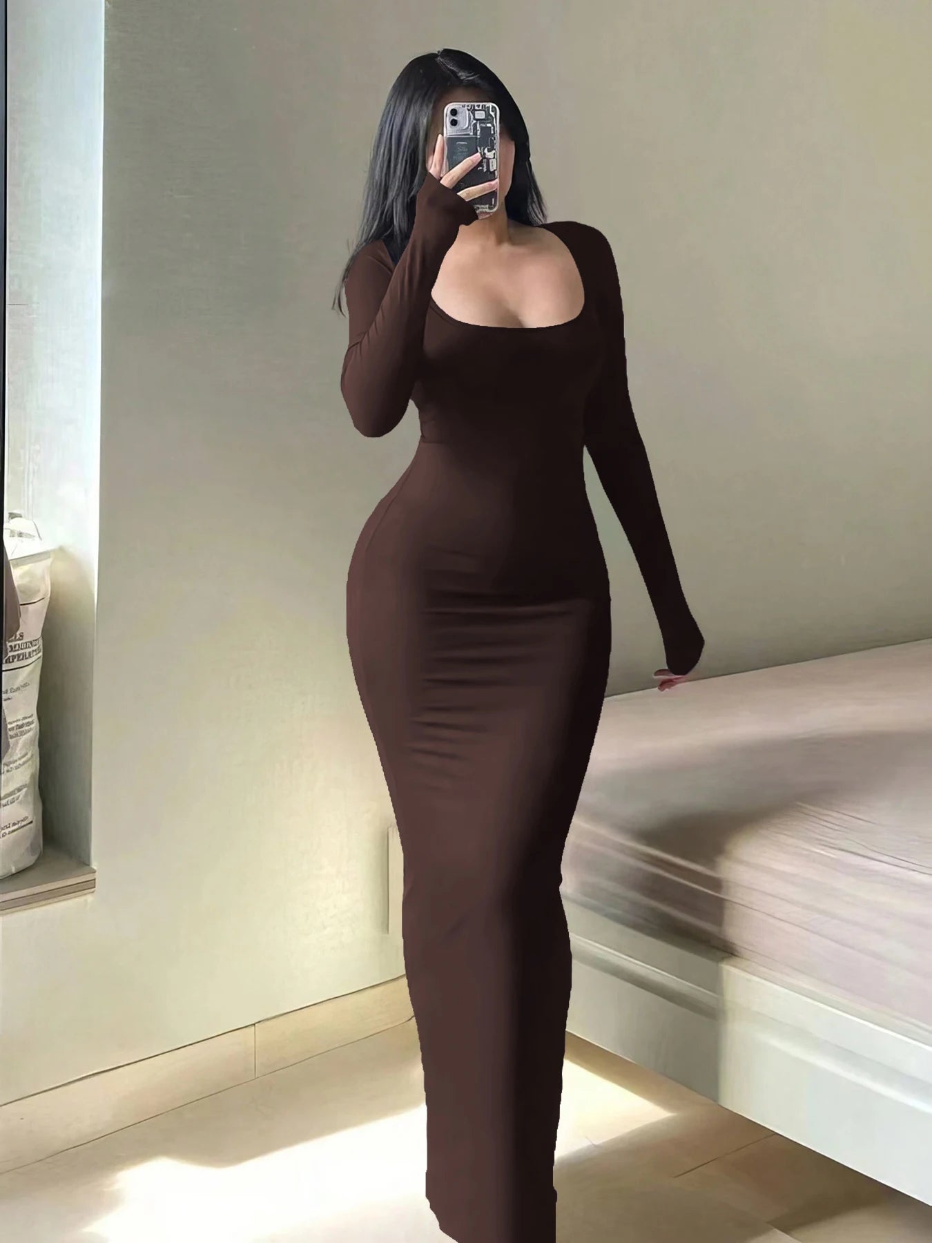 Robe moulante à manches longues pour femmes, robe longue Chic basique minimaliste décontractée à la mode, col rond, vêtements pour femmes