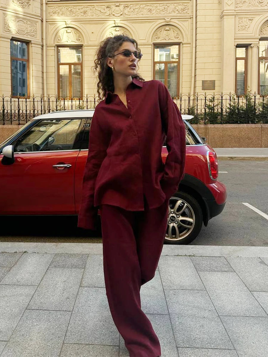 Bornladies-Ensemble de pantalons décontractés en coton pour femmes, chemise à manches longues et revers confortable, tenue d'été, taille élastique