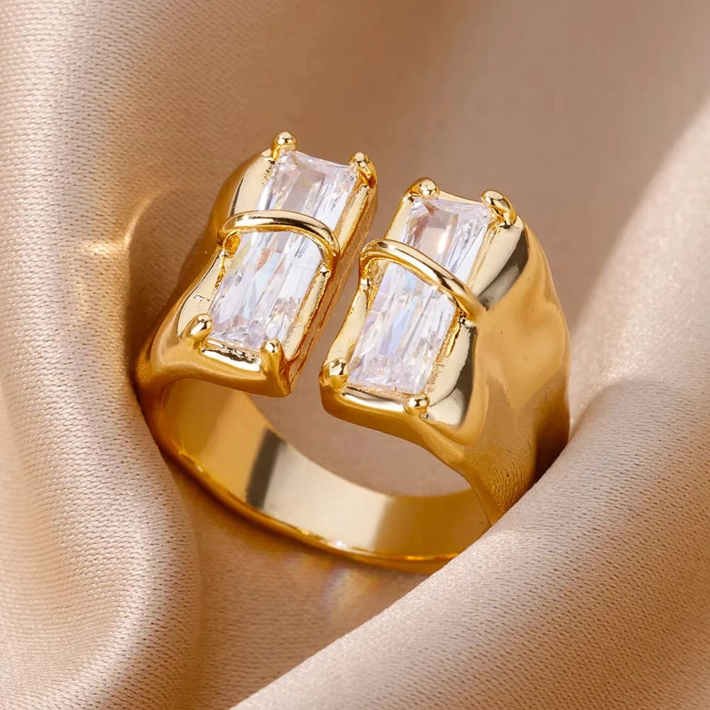 Bagues en cristal en acier inoxydable plaqué or pour femmes, chaîne géométrique en Zircon, bijoux cadeau, nouvelle tendance 2025
