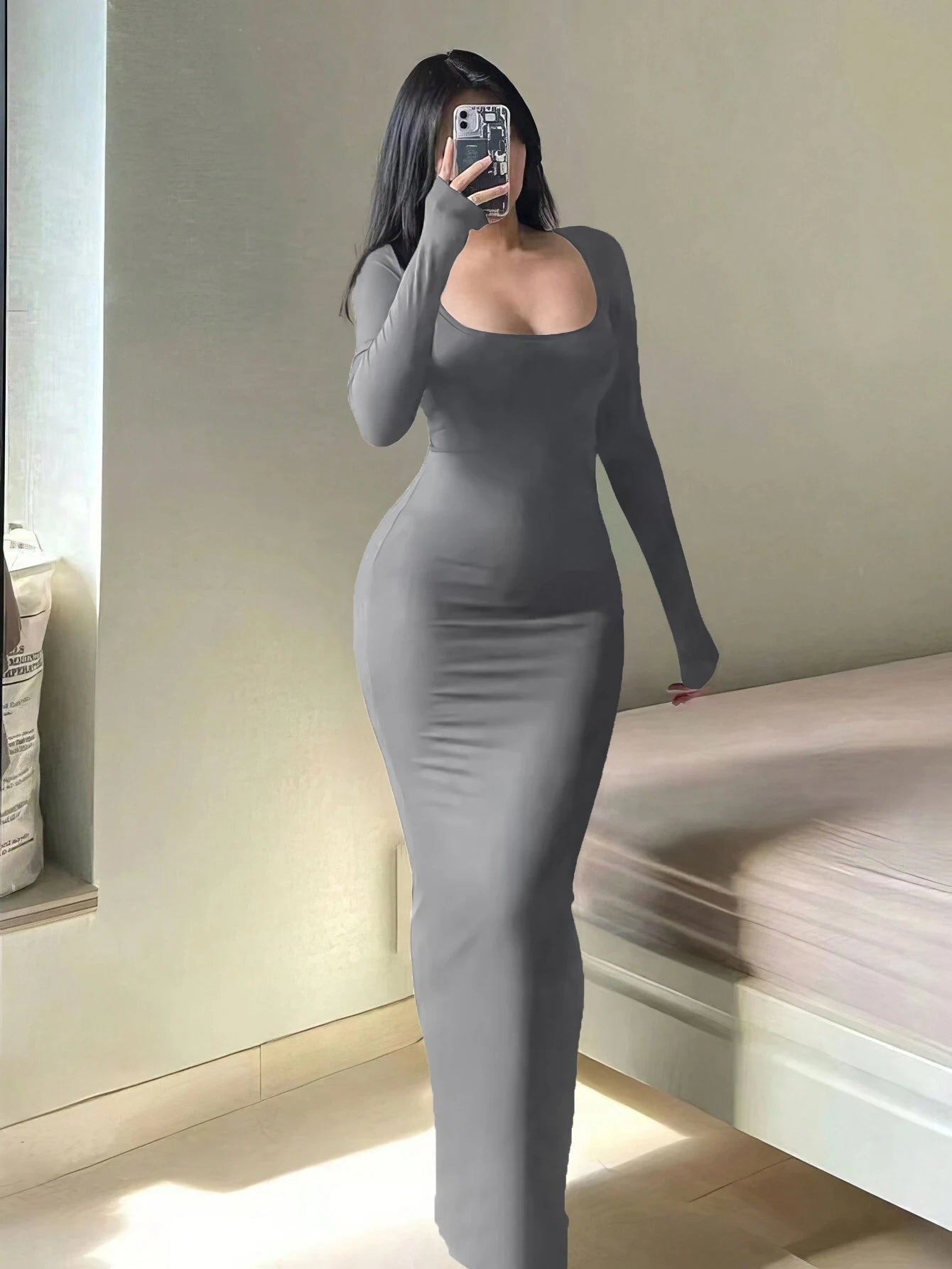 Robe moulante à manches longues pour femmes, robe longue Chic basique minimaliste décontractée à la mode, col rond, vêtements pour femmes