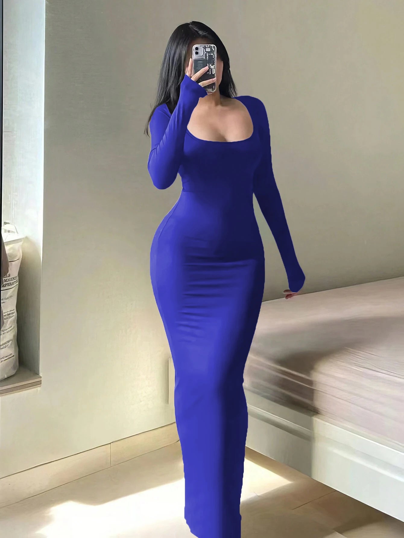 Robe moulante à manches longues pour femmes, robe longue Chic basique minimaliste décontractée à la mode, col rond, vêtements pour femmes