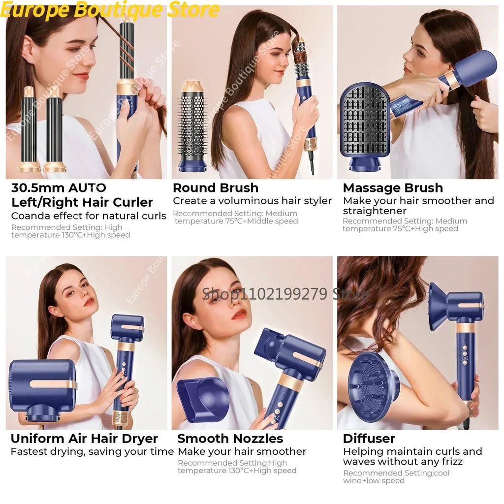 Sèche-cheveux 7 en 1, brosse sans balais, haute vitesse, avec diffuseur, sèche-cheveux ionique, peigne de coiffure à Air chaud, bigoudi automatique