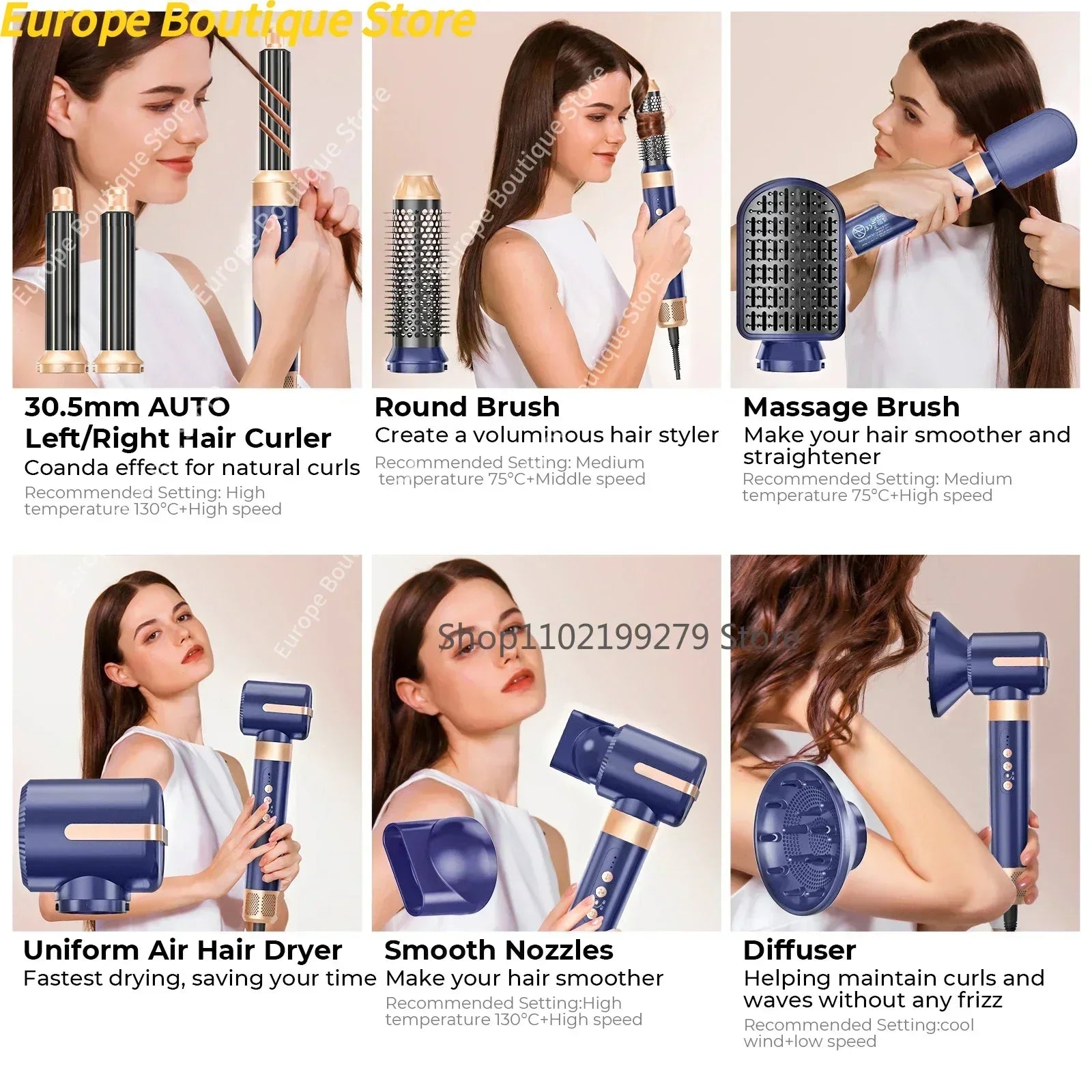 Sèche-cheveux 7 en 1, brosse sans balais, haute vitesse, avec diffuseur, sèche-cheveux ionique, peigne de coiffure à Air chaud, bigoudi automatique