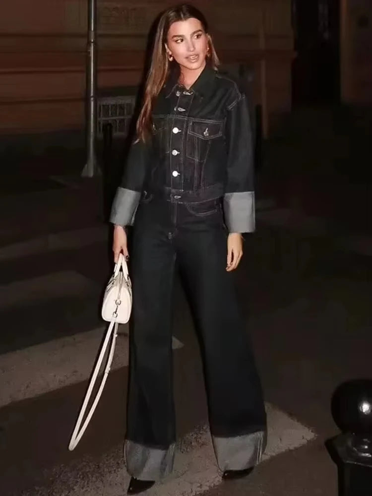 HH femmes mode Denim ensemble décontracté revers à manches longues veste courte boutons femme Vintage jambe large jean ample pantalons longs