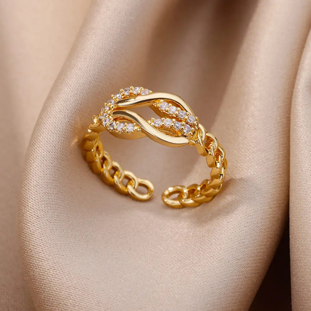Bagues en cristal en acier inoxydable plaqué or pour femmes, chaîne géométrique en Zircon, bijoux cadeau, nouvelle tendance 2025