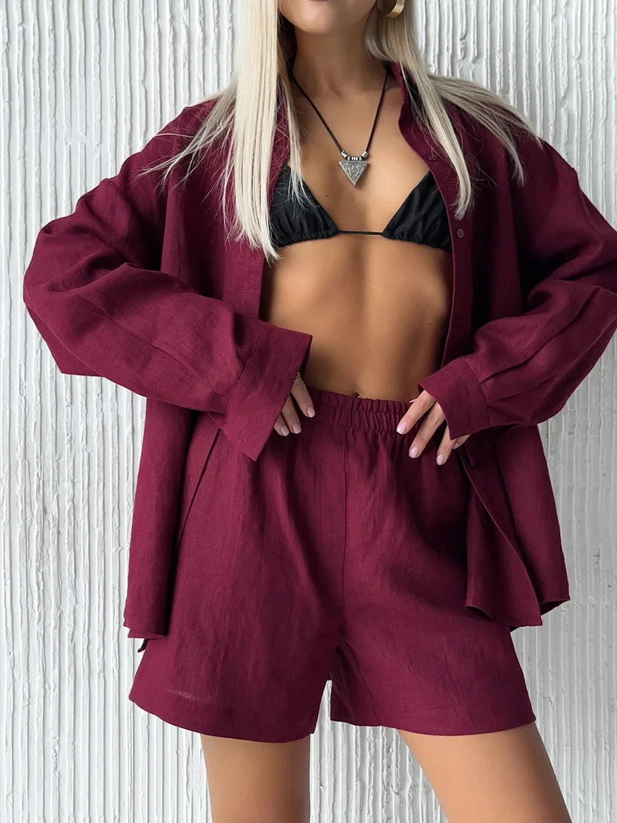 Bornladies-Ensemble de pantalons décontractés en coton pour femmes, chemise à manches longues et revers confortable, tenue d'été, taille élastique