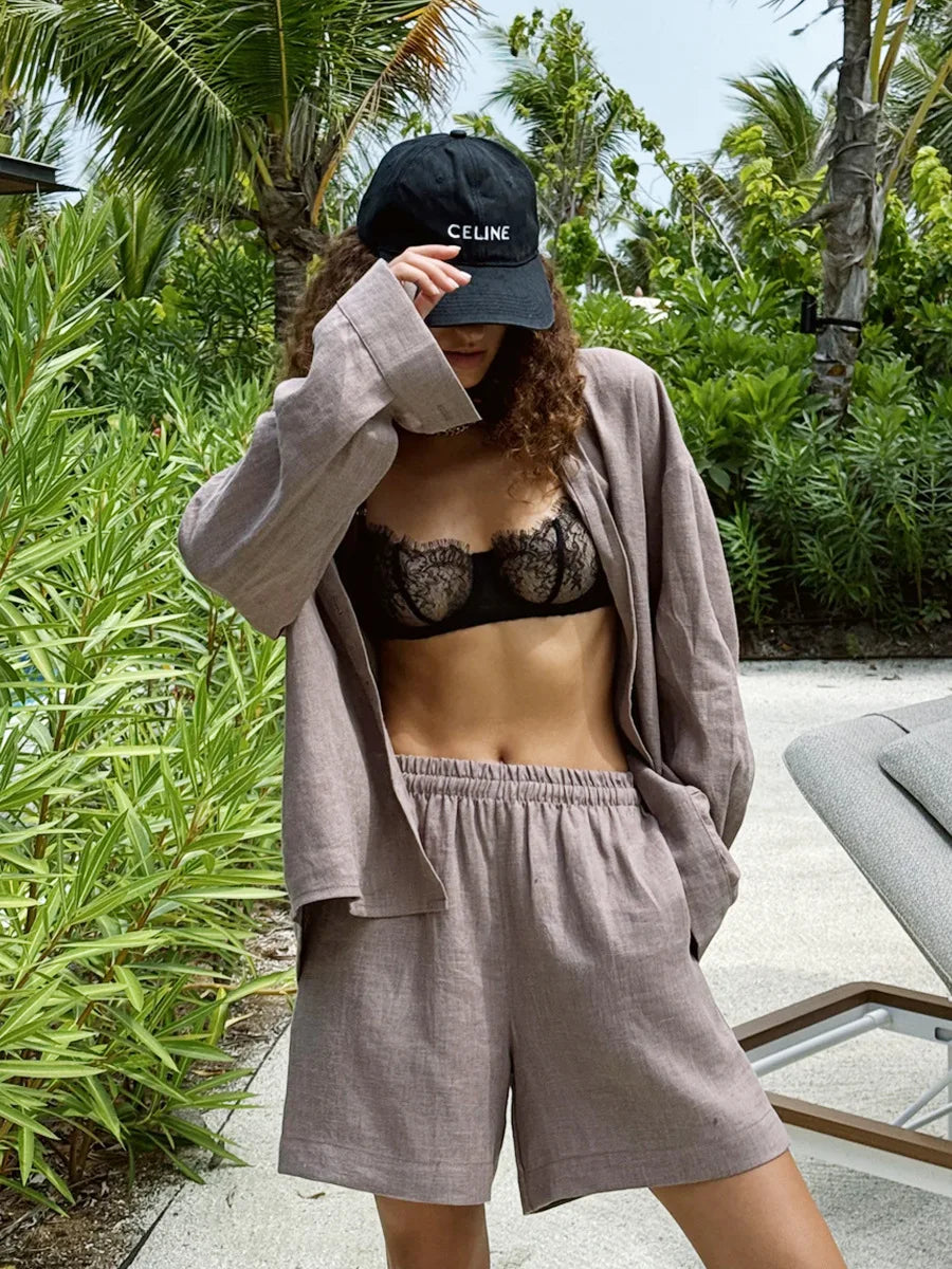 Bornladies-Ensemble de pantalons décontractés en coton pour femmes, chemise à manches longues et revers confortable, tenue d'été, taille élastique