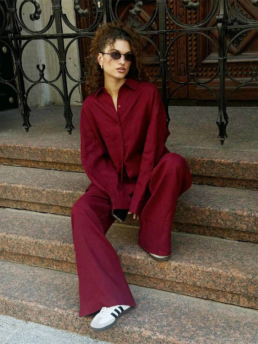 Bornladies-Ensemble de pantalons décontractés en coton pour femmes, chemise à manches longues et revers confortable, tenue d'été, taille élastique