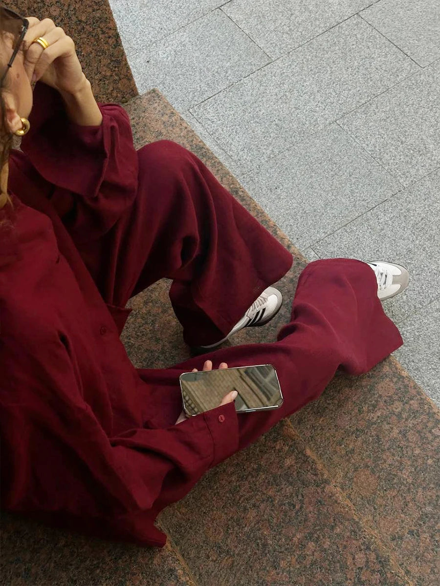 Bornladies-Ensemble de pantalons décontractés en coton pour femmes, chemise à manches longues et revers confortable, tenue d'été, taille élastique