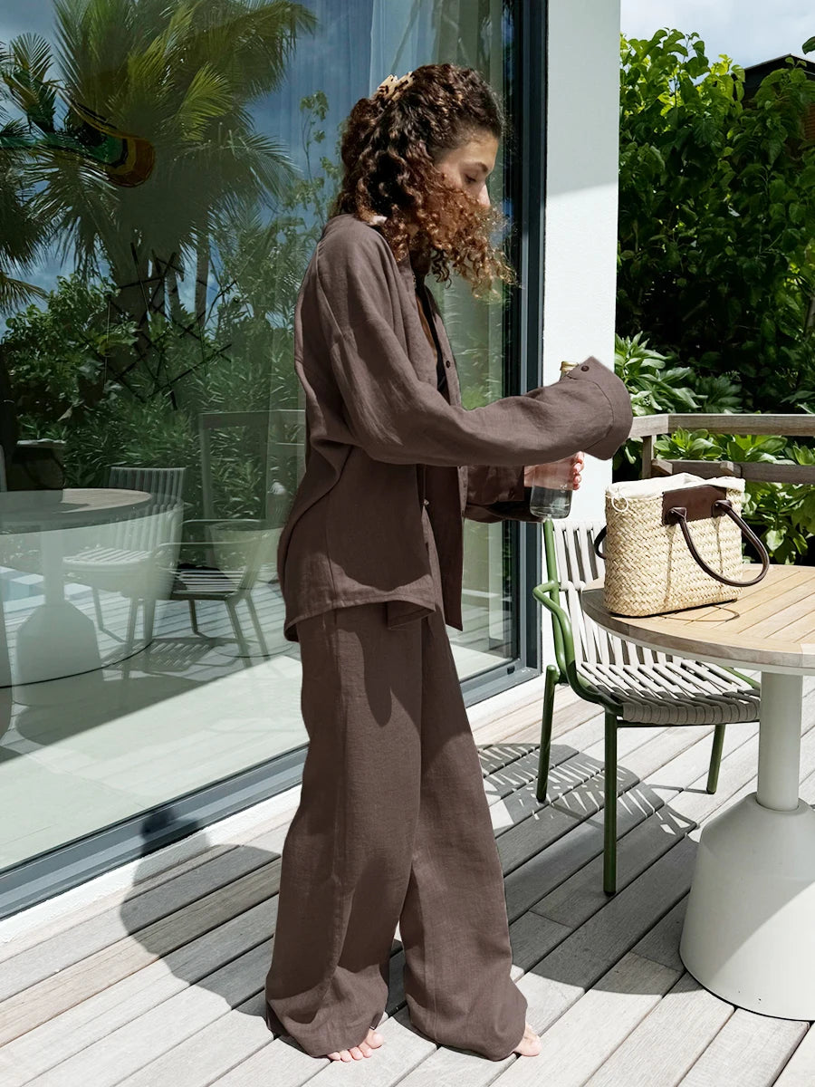 Bornladies-Ensemble de pantalons décontractés en coton pour femmes, chemise à manches longues et revers confortable, tenue d'été, taille élastique