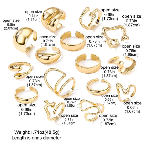 Bagues lisses en métal pour femmes et hommes, lignes irrégulières exagérées, gouttelettes d'eau, Punk rétro Boho, bijoux à la mode, cadeau, 15 pièces/ensemble