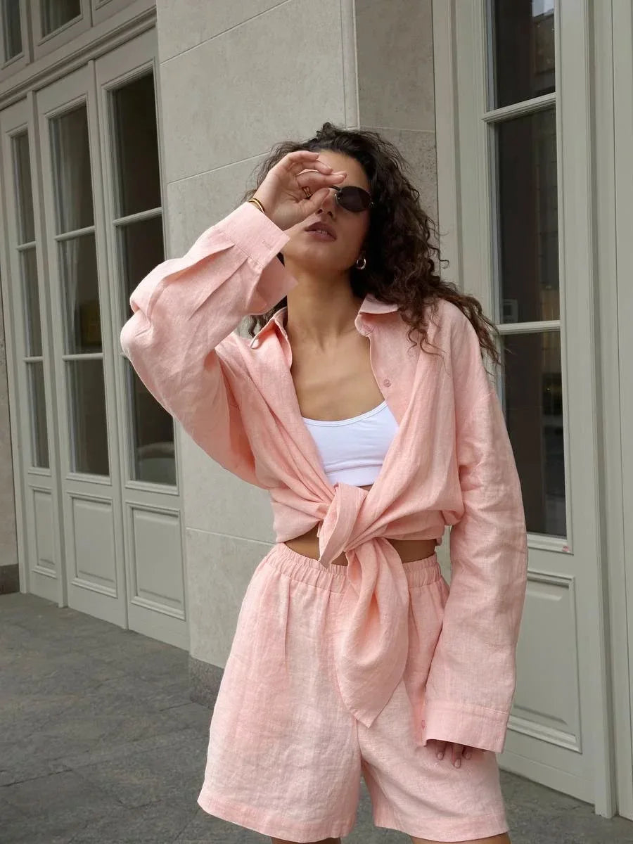 Bornladies-Ensemble de pantalons décontractés en coton pour femmes, chemise à manches longues et revers confortable, tenue d'été, taille élastique