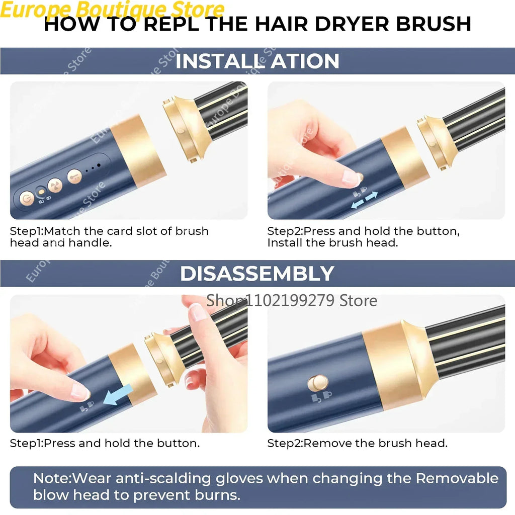 Sèche-cheveux 7 en 1, brosse sans balais, haute vitesse, avec diffuseur, sèche-cheveux ionique, peigne de coiffure à Air chaud, bigoudi automatique