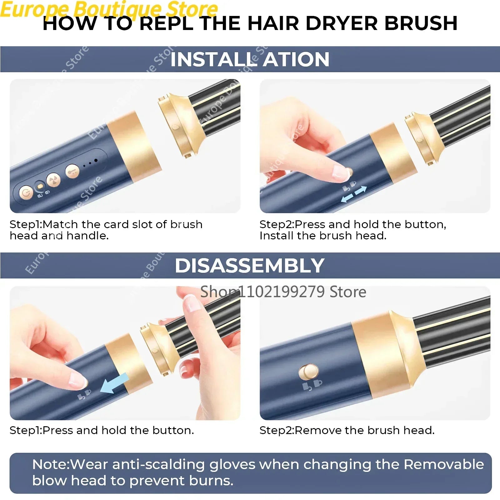 Sèche-cheveux 7 en 1, brosse sans balais, haute vitesse, avec diffuseur, sèche-cheveux ionique, peigne de coiffure à Air chaud, bigoudi automatique