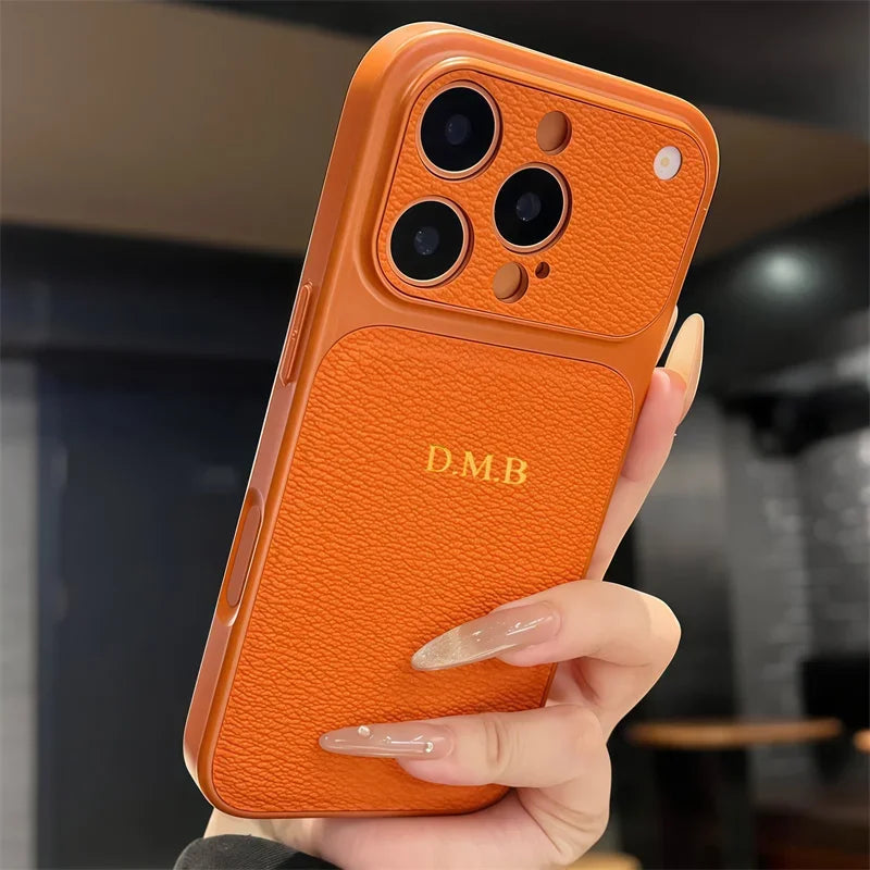 Étui en cuir personnalisé avec initiales en or et argent pour iPhone 15 14 13 17 Pro Max 14 16 Plus 17 Air, protection d'objectif de luxe✨