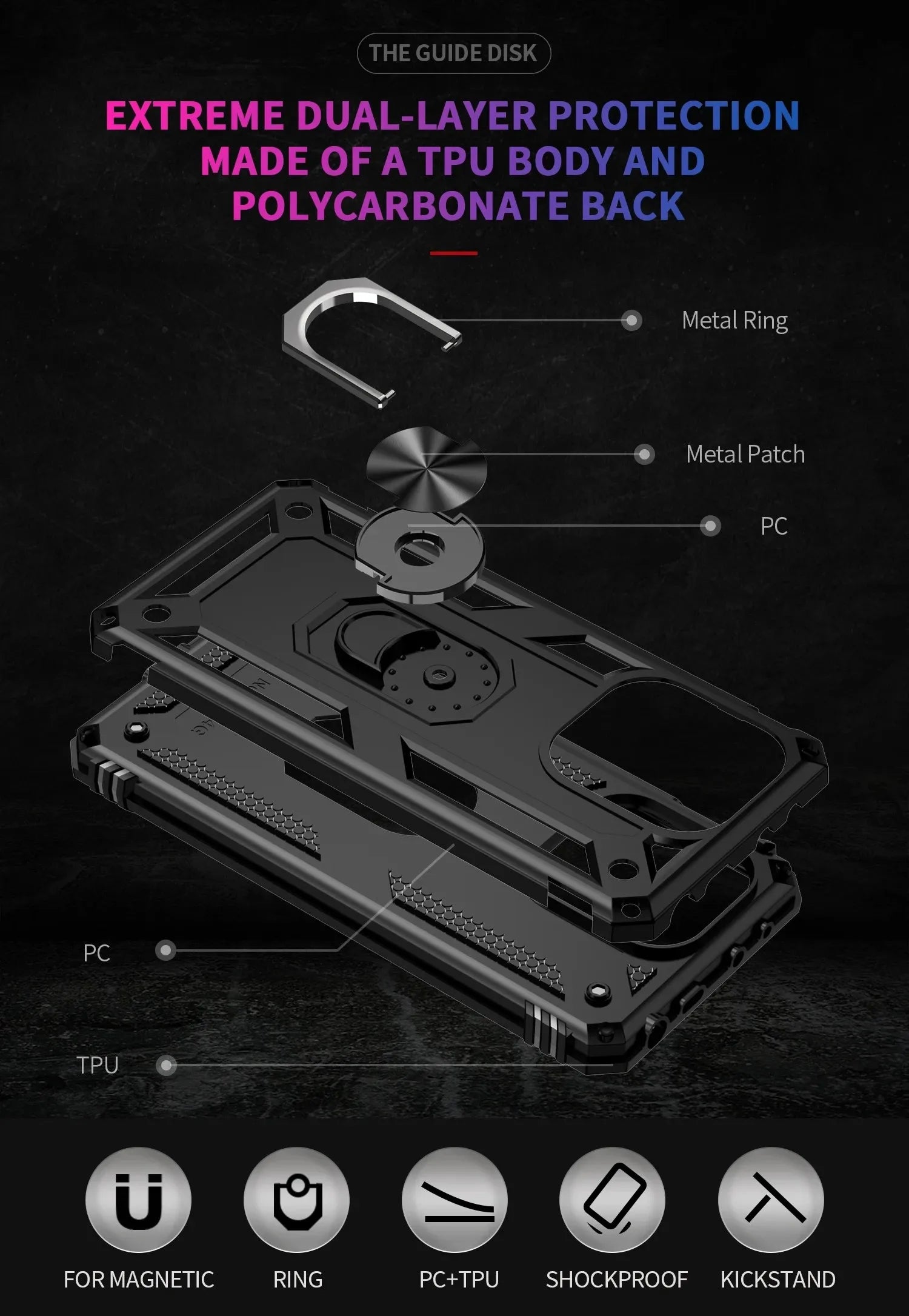 Coque pare-chocs blindée antichoc pour Xiaomi Redmi Note 13 12 11 10 Prime 9 Pro Max 12S 11S 11T 10T 9T 10C 9S 10S 5G, anneau métallique
