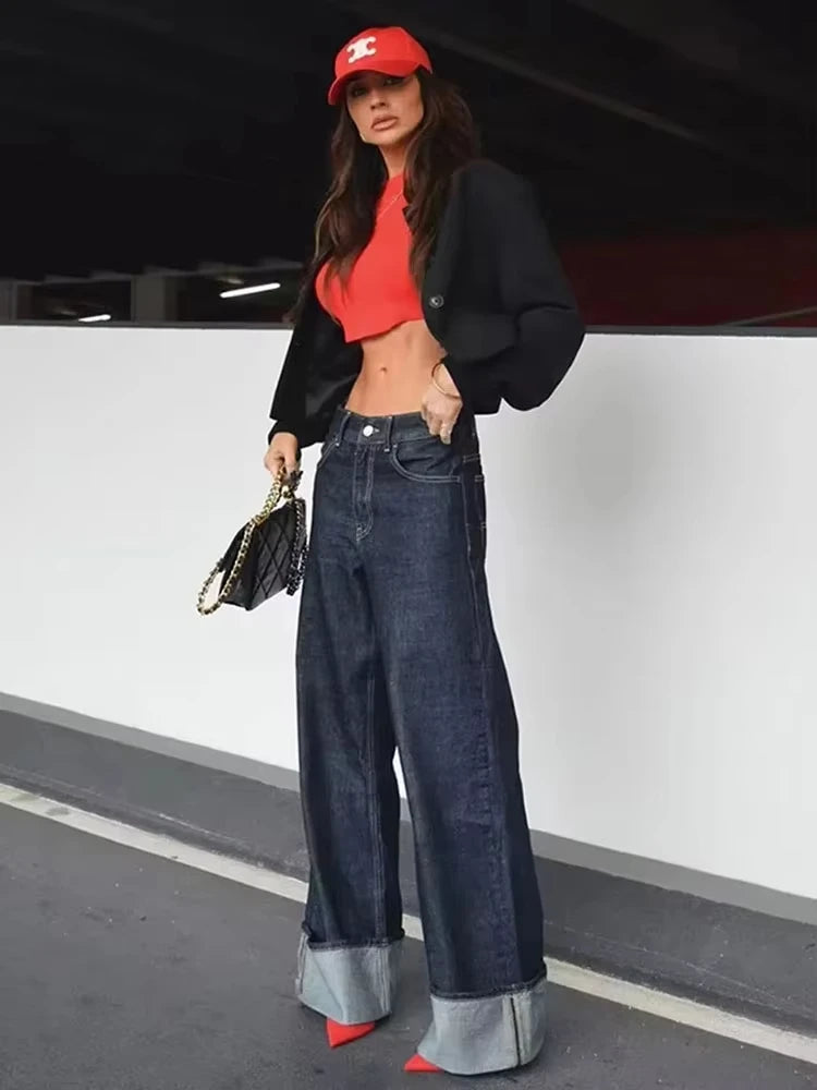 HH femmes mode Denim ensemble décontracté revers à manches longues veste courte boutons femme Vintage jambe large jean ample pantalons longs