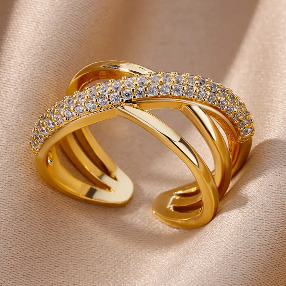 Bagues en cristal en acier inoxydable plaqué or pour femmes, chaîne géométrique en Zircon, bijoux cadeau, nouvelle tendance 2025