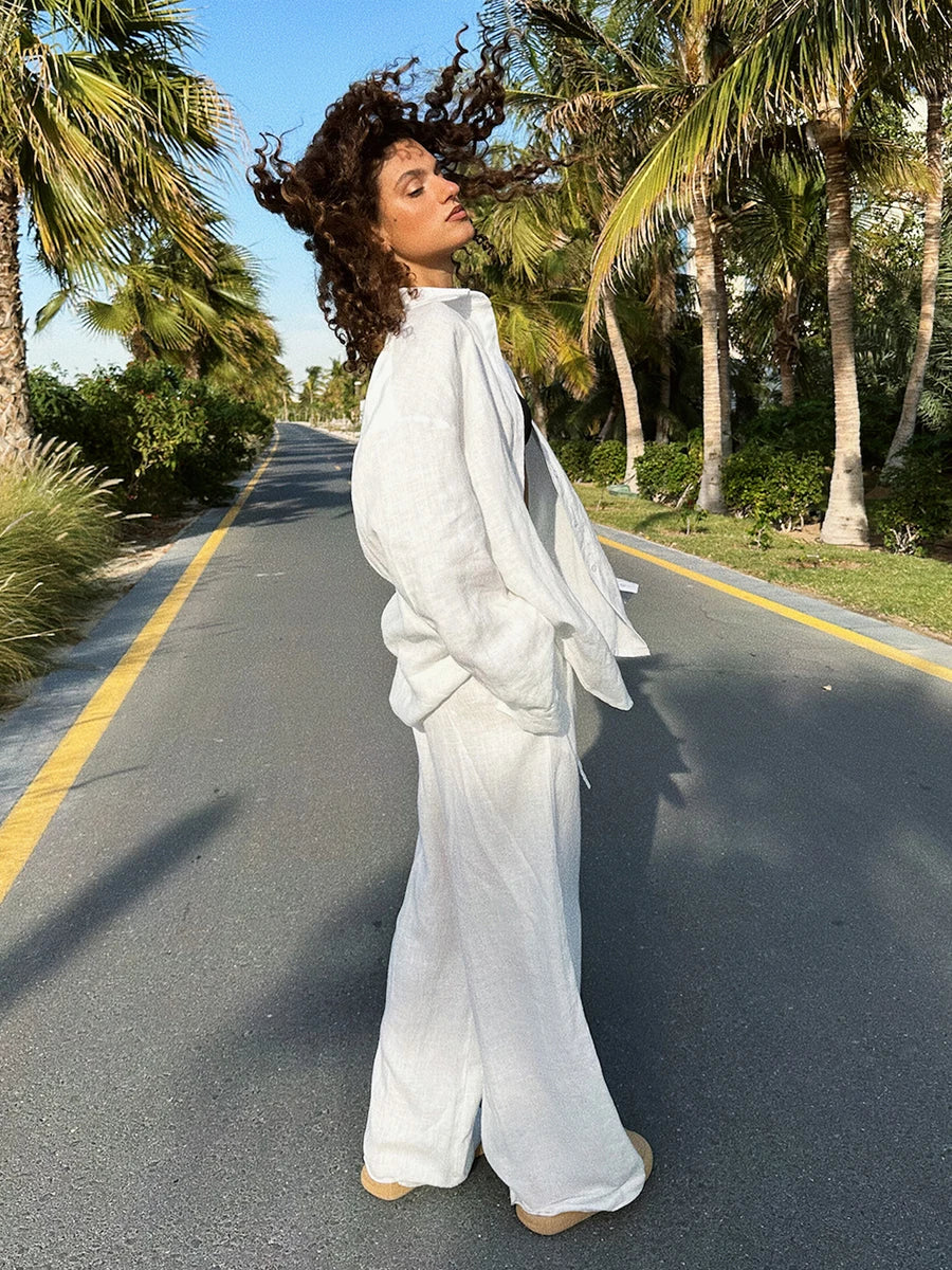 Bornladies-Ensemble de pantalons décontractés en coton pour femmes, chemise à manches longues et revers confortable, tenue d'été, taille élastique