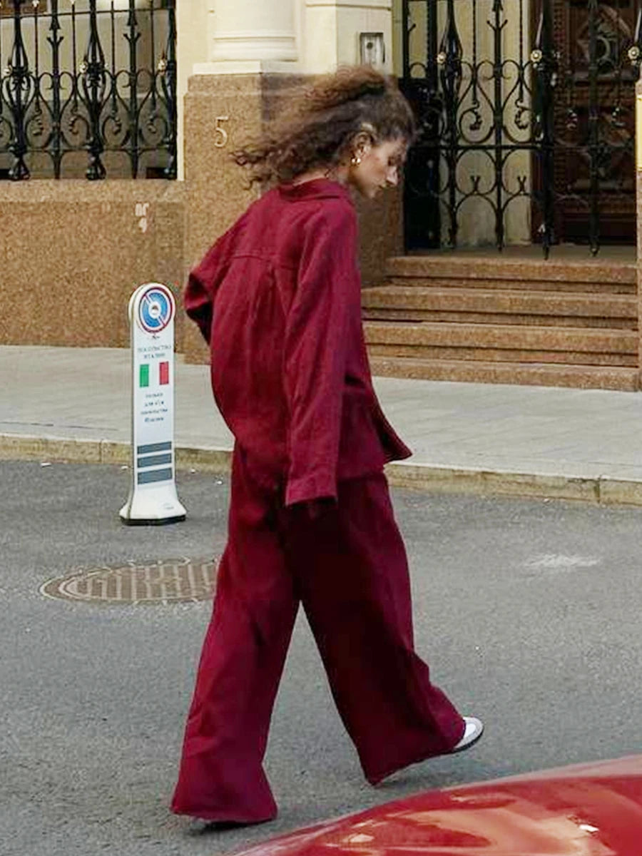 Bornladies-Ensemble de pantalons décontractés en coton pour femmes, chemise à manches longues et revers confortable, tenue d'été, taille élastique