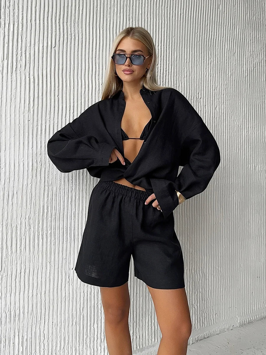 Bornladies-Ensemble de pantalons décontractés en coton pour femmes, chemise à manches longues et revers confortable, tenue d'été, taille élastique