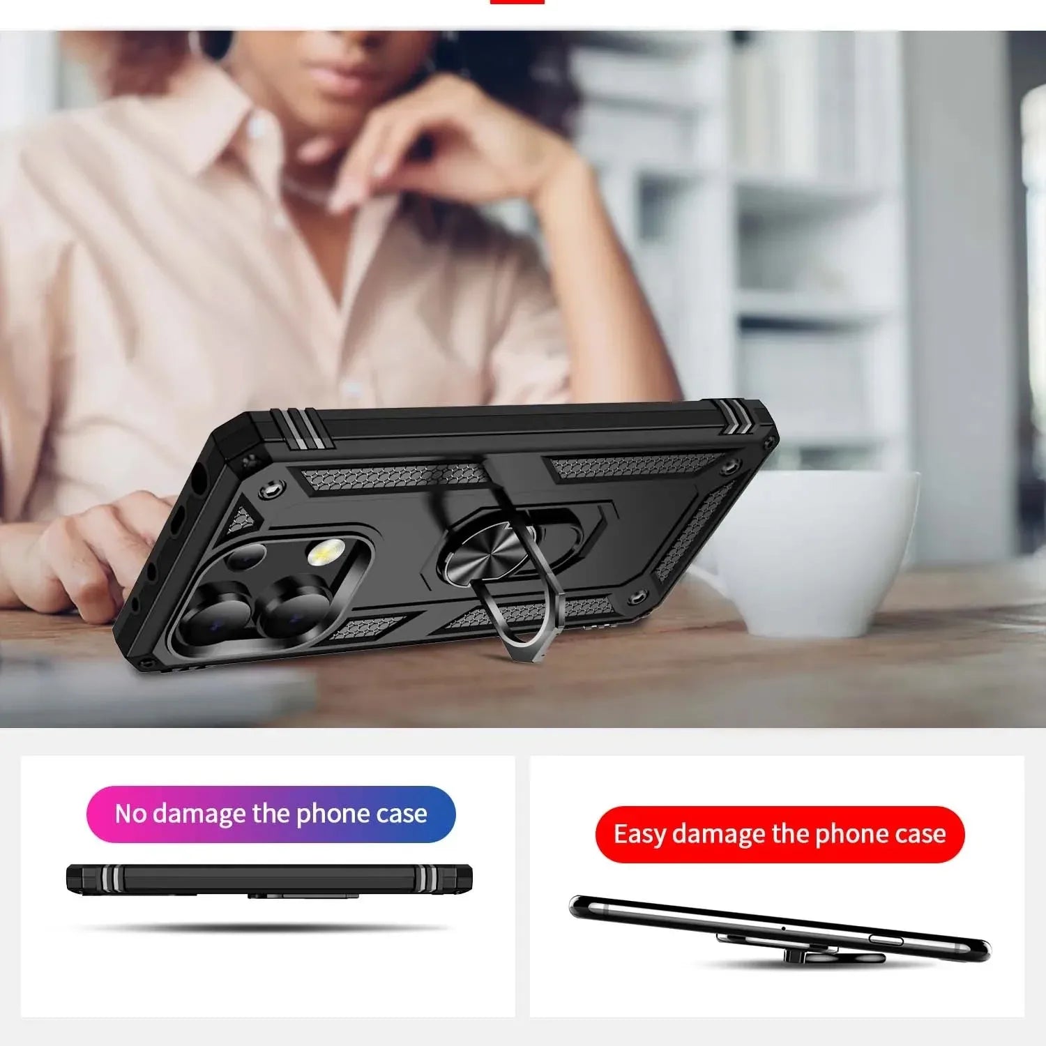 Coque pare-chocs blindée antichoc pour Xiaomi Redmi Note 13 12 11 10 Prime 9 Pro Max 12S 11S 11T 10T 9T 10C 9S 10S 5G, anneau métallique
