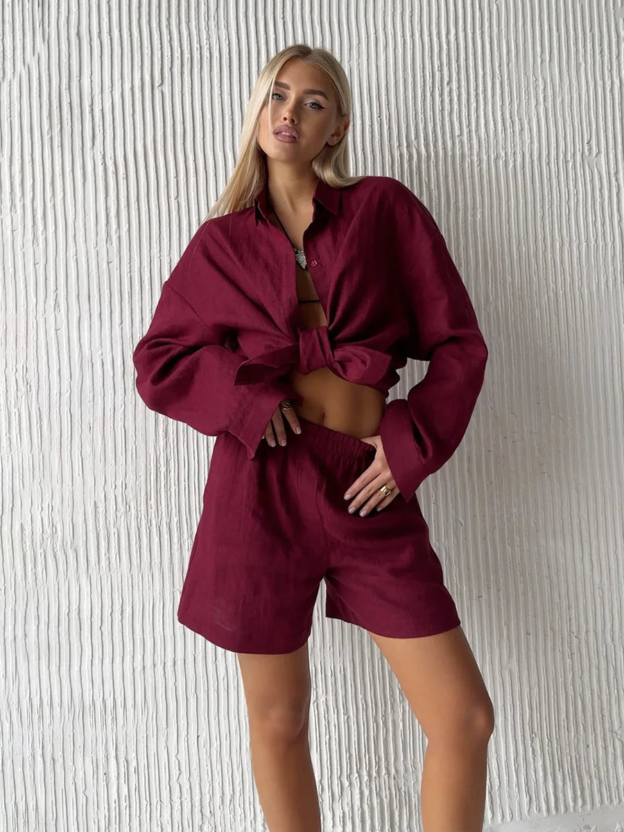 Bornladies-Ensemble de pantalons décontractés en coton pour femmes, chemise à manches longues et revers confortable, tenue d'été, taille élastique