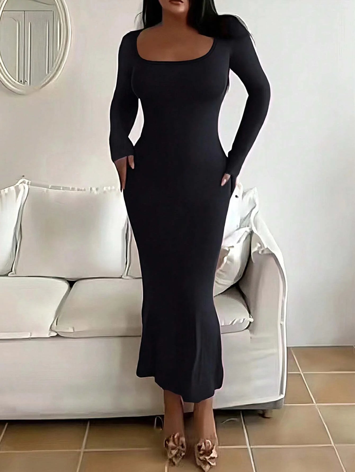 Robe moulante à manches longues pour femmes, robe longue Chic basique minimaliste décontractée à la mode, col rond, vêtements pour femmes