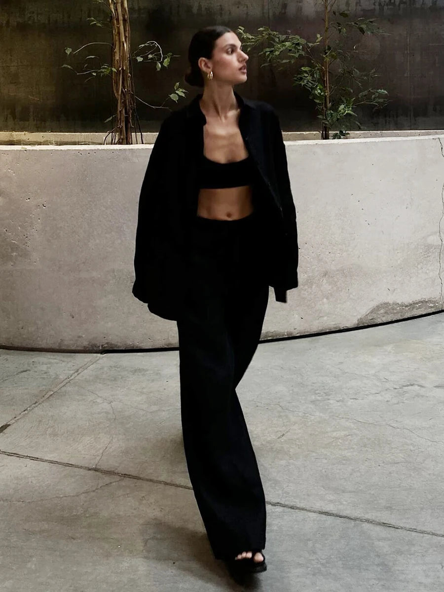 Bornladies-Ensemble de pantalons décontractés en coton pour femmes, chemise à manches longues et revers confortable, tenue d'été, taille élastique