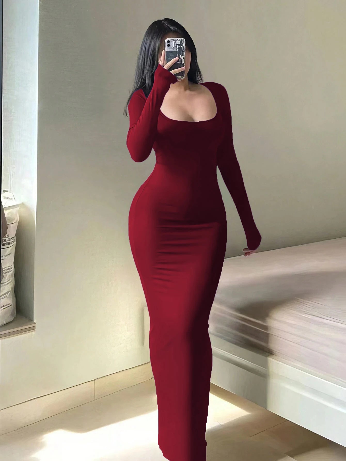 Robe moulante à manches longues pour femmes, robe longue Chic basique minimaliste décontractée à la mode, col rond, vêtements pour femmes