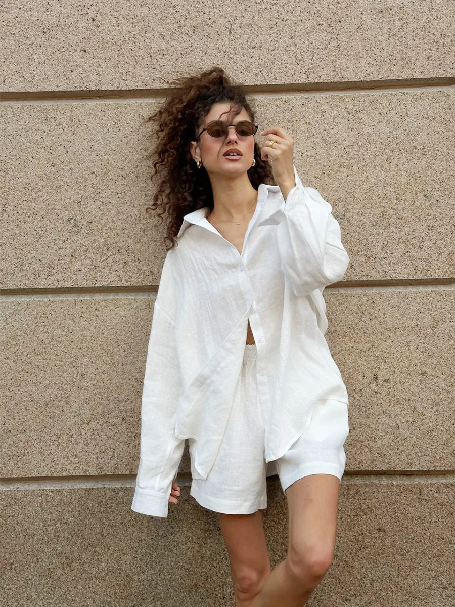Bornladies-Ensemble de pantalons décontractés en coton pour femmes, chemise à manches longues et revers confortable, tenue d'été, taille élastique