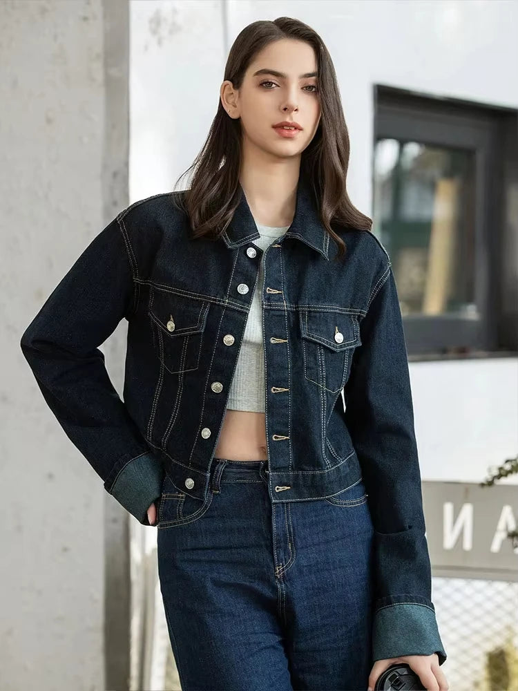 HH femmes mode Denim ensemble décontracté revers à manches longues veste courte boutons femme Vintage jambe large jean ample pantalons longs