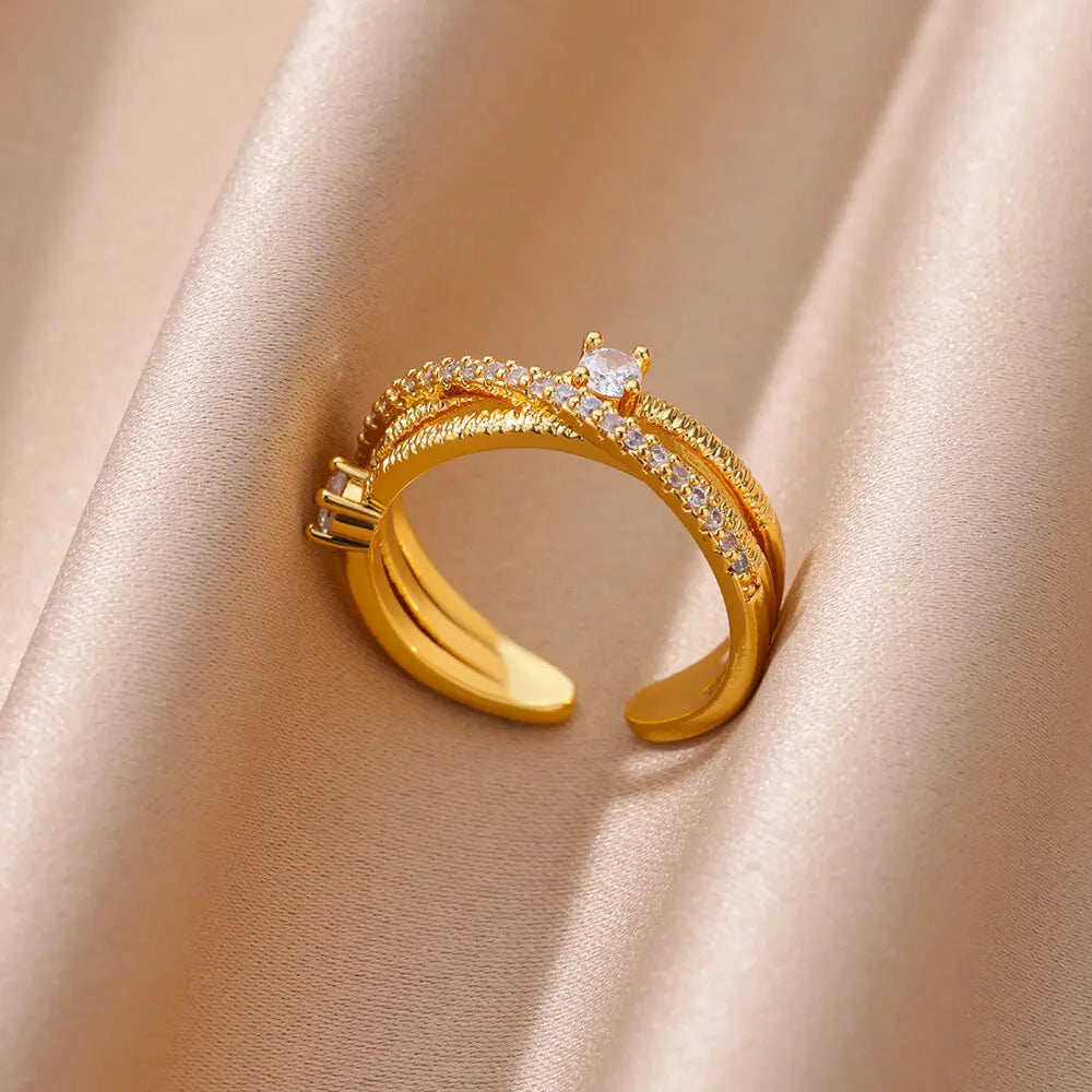 Bagues en cristal en acier inoxydable plaqué or pour femmes, chaîne géométrique en Zircon, bijoux cadeau, nouvelle tendance 2025