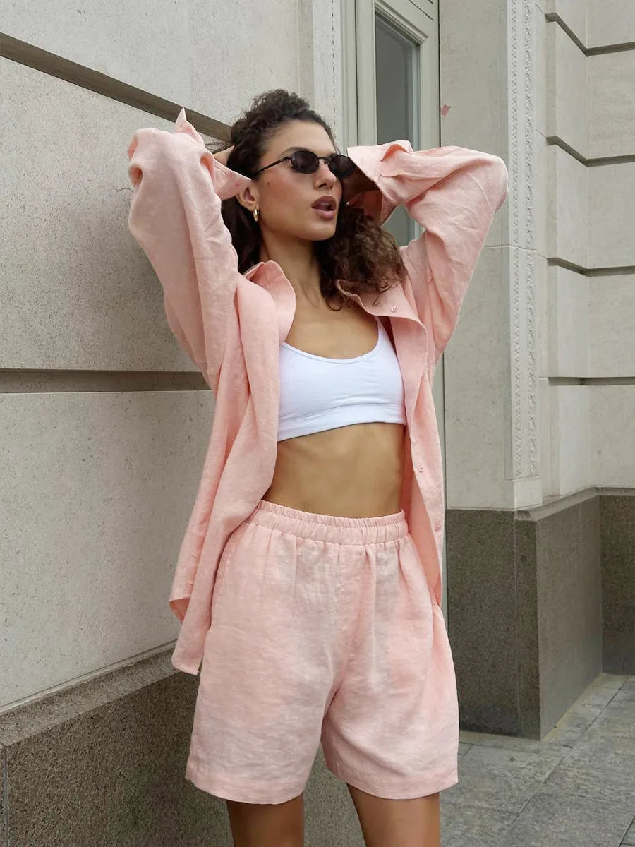 Bornladies-Ensemble de pantalons décontractés en coton pour femmes, chemise à manches longues et revers confortable, tenue d'été, taille élastique