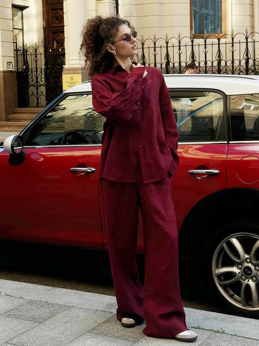Bornladies-Ensemble de pantalons décontractés en coton pour femmes, chemise à manches longues et revers confortable, tenue d'été, taille élastique