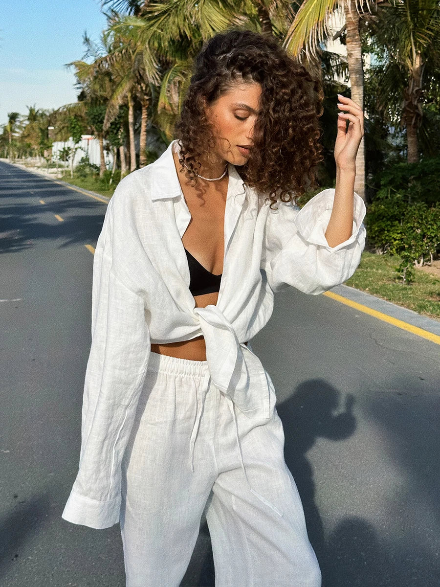 Bornladies-Ensemble de pantalons décontractés en coton pour femmes, chemise à manches longues et revers confortable, tenue d'été, taille élastique
