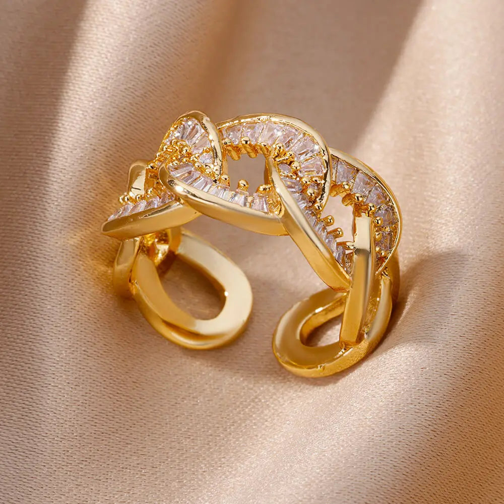 Bagues en cristal en acier inoxydable plaqué or pour femmes, chaîne géométrique en Zircon, bijoux cadeau, nouvelle tendance 2025