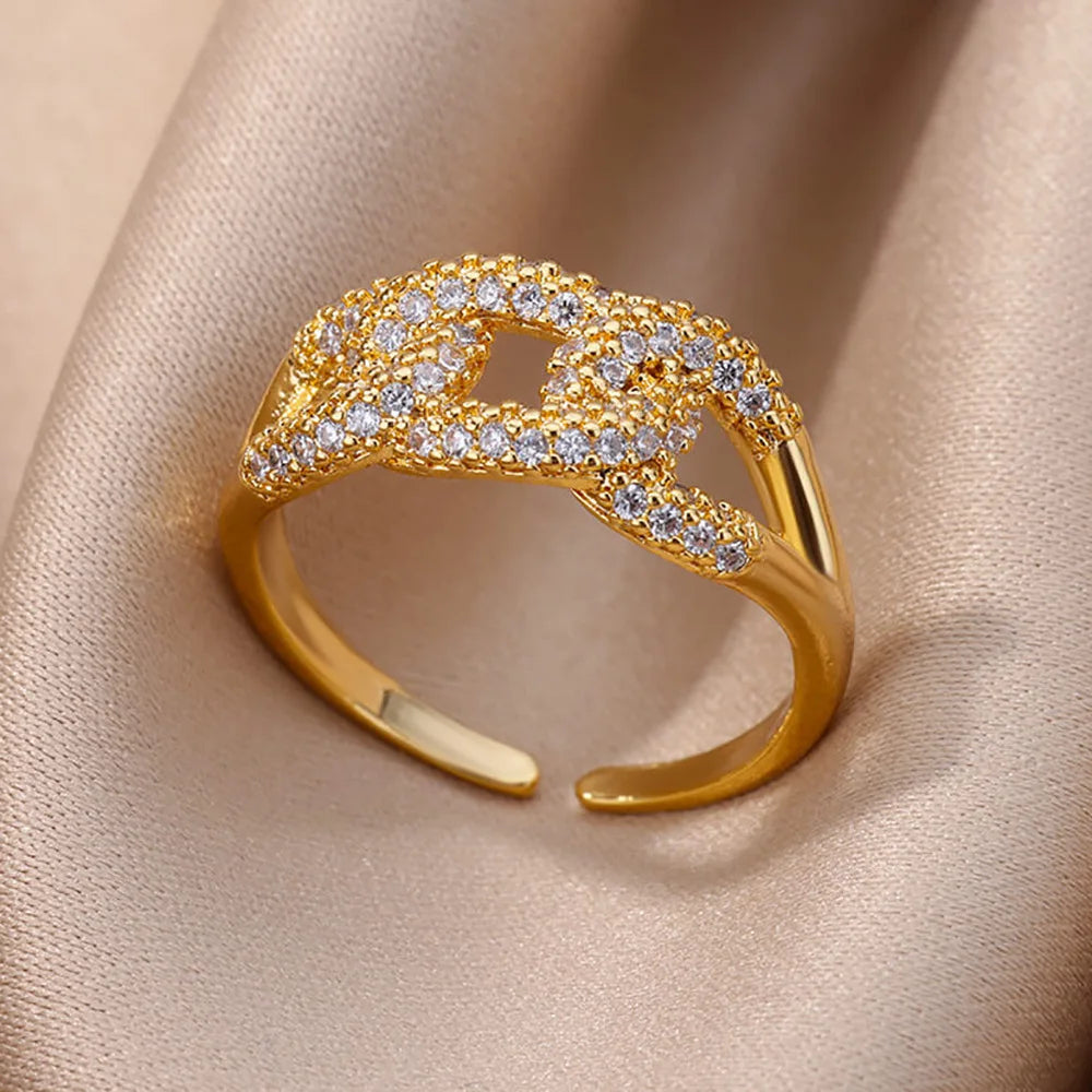 Bagues en cristal en acier inoxydable plaqué or pour femmes, chaîne géométrique en Zircon, bijoux cadeau, nouvelle tendance 2025