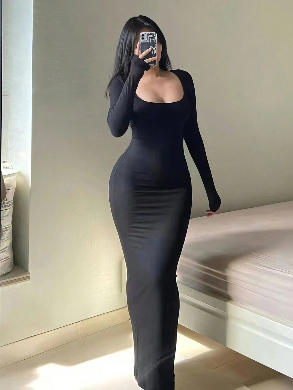 Robe moulante à manches longues pour femmes, robe longue Chic basique minimaliste décontractée à la mode, col rond, vêtements pour femmes