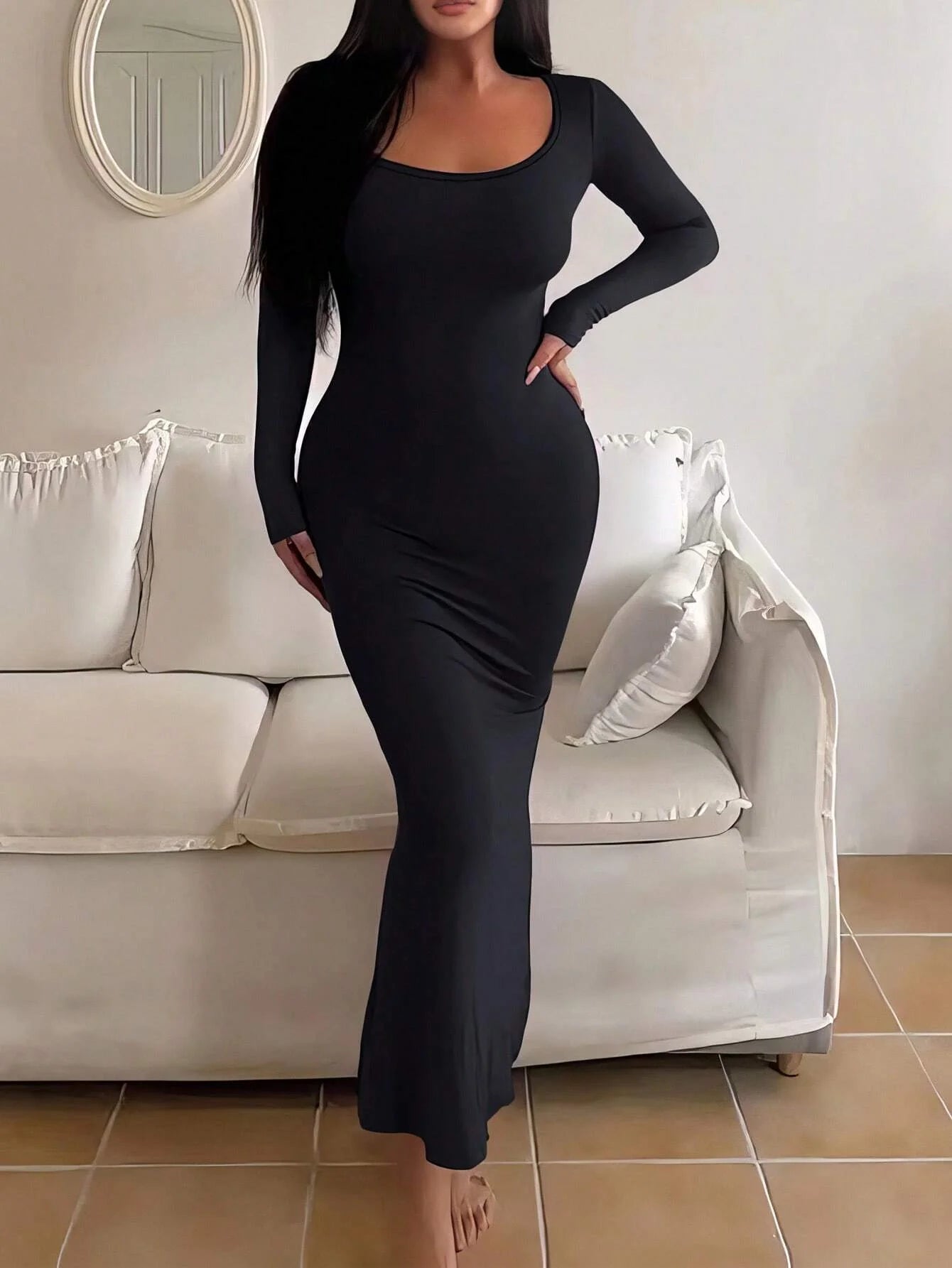 Robe moulante à manches longues pour femmes, robe longue Chic basique minimaliste décontractée à la mode, col rond, vêtements pour femmes