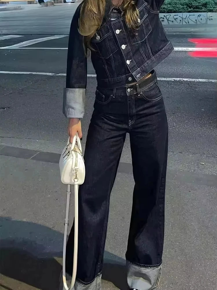 HH femmes mode Denim ensemble décontracté revers à manches longues veste courte boutons femme Vintage jambe large jean ample pantalons longs