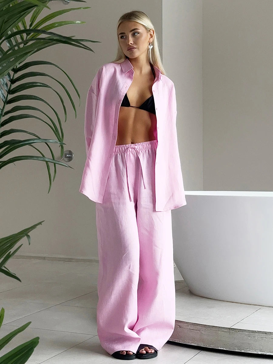 Bornladies-Ensemble de pantalons décontractés en coton pour femmes, chemise à manches longues et revers confortable, tenue d'été, taille élastique
