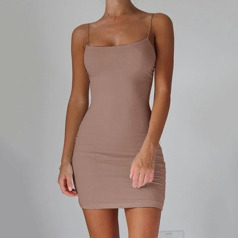 Robe Courte d'Été 2026 pour Femme, Sexy, Moulante, à Bretelles Fines, Style Camisole, Unie Noire, pour Soirée et Club