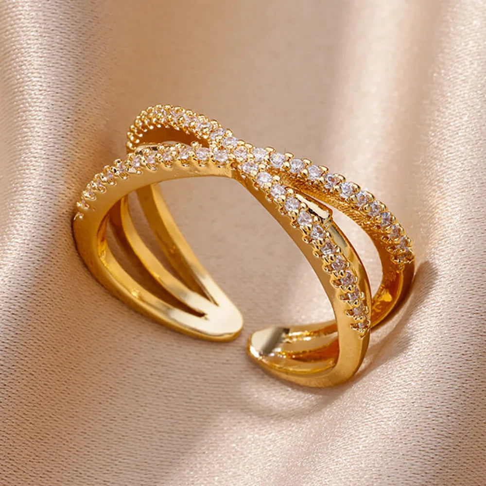 Bagues en cristal en acier inoxydable plaqué or pour femmes, chaîne géométrique en Zircon, bijoux cadeau, nouvelle tendance 2025