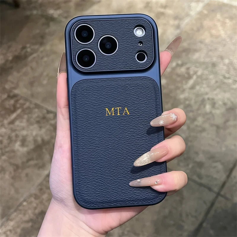 Étui en cuir personnalisé avec initiales en or et argent pour iPhone 15 14 13 17 Pro Max 14 16 Plus 17 Air, protection d'objectif de luxe✨